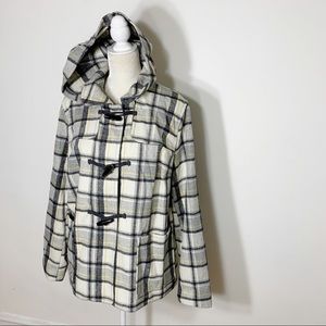 Old Navy Cream and Black Plaid Hooded Toggle Coat